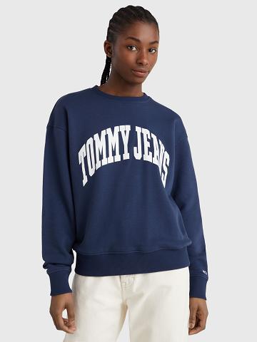 Női Tommy Hilfiger Tommy Logo Crewneck Pulóverek Sötétkék | HU 407CTV